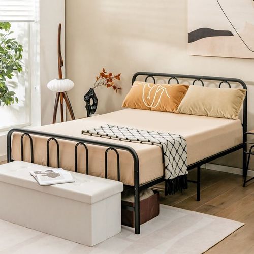 Costway Cadre De Lit 140 X 190 Cm, Lit Double Pour Adulte, Support De Lattes En Acier Avec Rangement Sous Lit 32 Cm, Noir