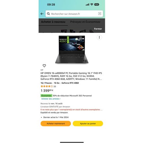 HP Omen 16-xd0000sf 16" AMD Ryzen 7-7840HS - Ram 16 Go - SSD 512 Go