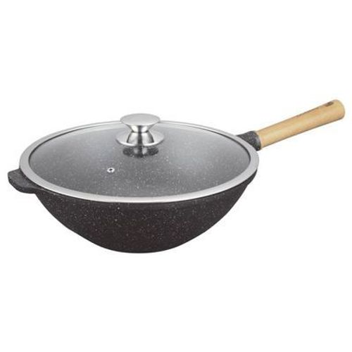Kamberg - Wok 32 Cm -5 Litres -Manche Fixe En Bois -Fonte D'aluminium -Revêtement Pierre -Tous Feux Dont Induction -Sans Pfoa