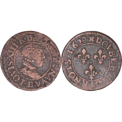 France - 1627 - Double Tournois Type 6 - Lyon (D) - Louis Xiii - Fs01g7
