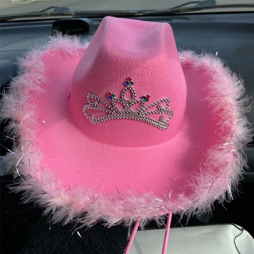 Chapeaux De Cowboy Rose Diadème Style Occidental Pour Femmes, Casquettes Fedora Roulées, Bord De Plume, Chapeau De Cowboy De Plage À Paillettes, Casquette De Fête Occidentale