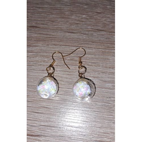 Boucle D Oreilles Boule En Verre Paillettes Blanche