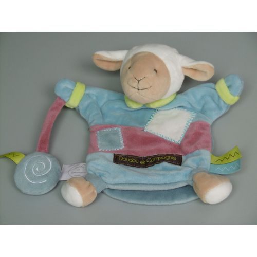 Doudou Et Compagnie Mouton Agneau Zigzag Bleu Rose Marionnette