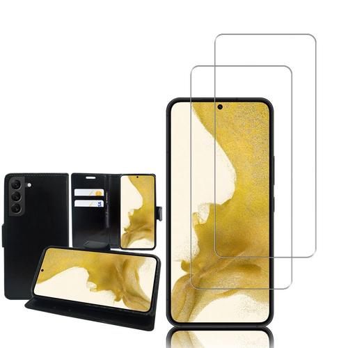 Etui Portefeuille Pour Samsung Galaxy S22 5g 6.1" Support Video Cuir Pu - Noir + 2 Films Verre Trempé - Transparent