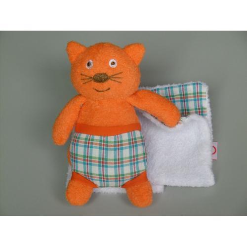 Doudou Chat Orange Mouchoir Blanc Carreaux Latitude Enfant