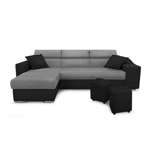 Canapé D'angle Elona Convertible En Microfibre Et Simili Avec Poufs - Gris / Noir, Position Du Rangement Poufs - Droit