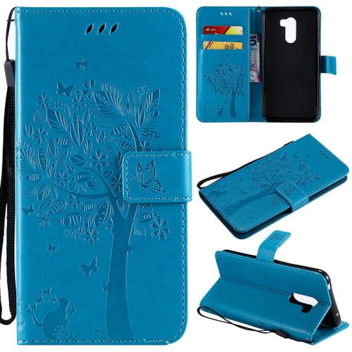 Saturcase Coque Pour Xiaomi Pocophone F1, Arbre À Chat Pu Cuir Magnétique Flip Portefeuille Support Porte-Carte Protecteur Housse Étui Avec Dragonne Pour Xiaomi Pocophone F1 (Bleu)