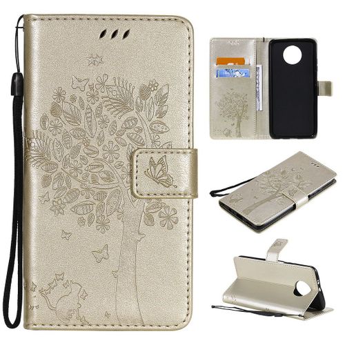 Saturcase Coque Pour Xiaomi Redmi Note 9t, Arbre À Chat Pu Cuir Magnétique Flip Portefeuille Support Porte-Carte Protecteur Housse Étui Avec Dragonne Pour Xiaomi Redmi Note 9t (Or)