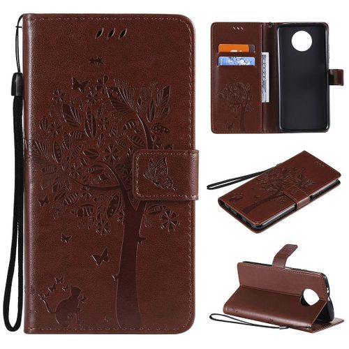 Saturcase Coque Pour Xiaomi Redmi Note 9t, Arbre À Chat Pu Cuir Magnétique Flip Portefeuille Support Porte-Carte Protecteur Housse Étui Avec Dragonne Pour Xiaomi Redmi Note 9t (Marron)
