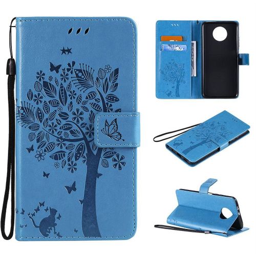 Saturcase Coque Pour Xiaomi Redmi Note 9t, Arbre À Chat Pu Cuir Magnétique Flip Portefeuille Support Porte-Carte Protecteur Housse Étui Avec Dragonne Pour Xiaomi Redmi Note 9t (Bleu)