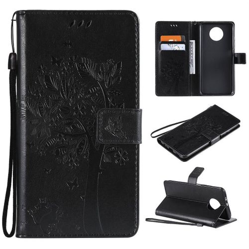 Saturcase Coque Pour Xiaomi Redmi Note 9t, Arbre À Chat Pu Cuir Magnétique Flip Portefeuille Support Porte-Carte Protecteur Housse Étui Avec Dragonne Pour Xiaomi Redmi Note 9t (Noir)