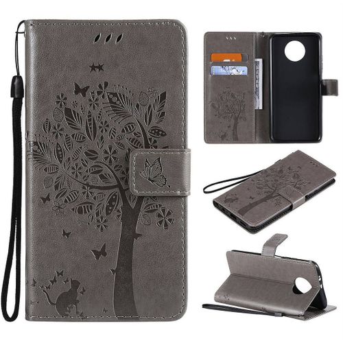 Saturcase Coque Pour Xiaomi Redmi Note 9t, Arbre À Chat Pu Cuir Magnétique Flip Portefeuille Support Porte-Carte Protecteur Housse Étui Avec Dragonne Pour Xiaomi Redmi Note 9t (Gris)