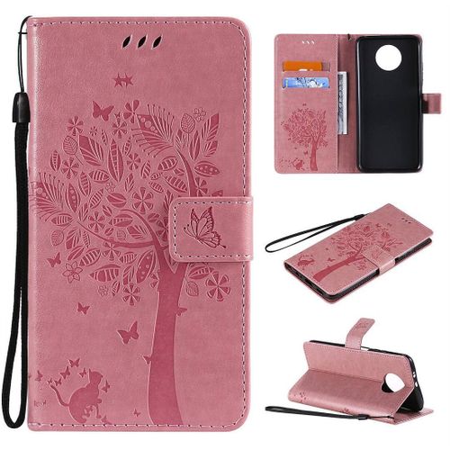Saturcase Coque Pour Xiaomi Redmi Note 9t, Arbre À Chat Pu Cuir Magnétique Flip Portefeuille Support Porte-Carte Protecteur Housse Étui Avec Dragonne Pour Xiaomi Redmi Note 9t (Pink)