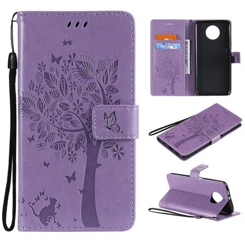 Saturcase Coque Pour Xiaomi Redmi Note 9t, Arbre À Chat Pu Cuir Magnétique Flip Portefeuille Support Porte-Carte Protecteur Housse Étui Avec Dragonne Pour Xiaomi Redmi Note 9t (Lavande)