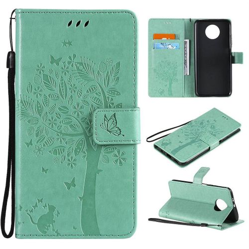 Saturcase Coque Pour Xiaomi Redmi Note 9t, Arbre À Chat Pu Cuir Magnétique Flip Portefeuille Support Porte-Carte Protecteur Housse Étui Avec Dragonne Pour Xiaomi Redmi Note 9t (Vert)