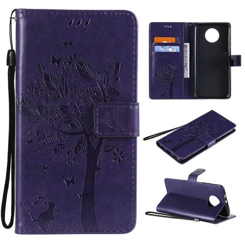 Saturcase Coque Pour Xiaomi Redmi Note 9t, Arbre À Chat Pu Cuir Magnétique Flip Portefeuille Support Porte-Carte Protecteur Housse Étui Avec Dragonne Pour Xiaomi Redmi Note 9t (Violet)