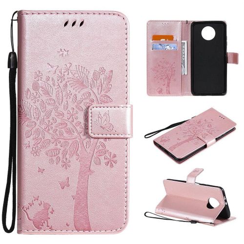 Saturcase Coque Pour Xiaomi Redmi Note 9t, Arbre À Chat Pu Cuir Magnétique Flip Portefeuille Support Porte-Carte Protecteur Housse Étui Avec Dragonne Pour Xiaomi Redmi Note 9t (Or Rose)