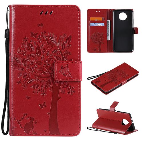 Saturcase Coque Pour Xiaomi Redmi Note 9t, Arbre À Chat Pu Cuir Magnétique Flip Portefeuille Support Porte-Carte Protecteur Housse Étui Avec Dragonne Pour Xiaomi Redmi Note 9t (Rouge)