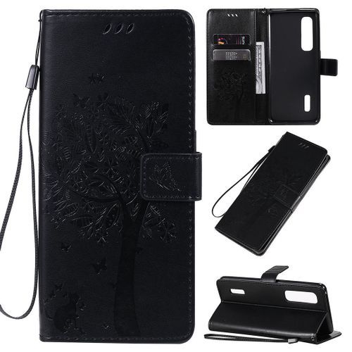 Saturcase Coque Pour Oppo Find X2 Pro, Arbre À Chat Pu Cuir Magnétique Flip Portefeuille Support Porte-Carte Protecteur Housse Étui Avec Dragonne Pour Oppo Find X2 Pro (Noir)