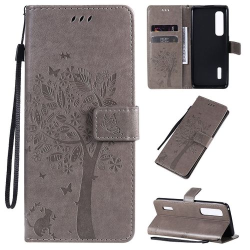 Saturcase Coque Pour Oppo Find X2 Pro, Arbre À Chat Pu Cuir Magnétique Flip Portefeuille Support Porte-Carte Protecteur Housse Étui Avec Dragonne Pour Oppo Find X2 Pro (Gris)