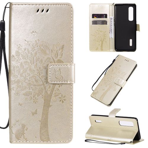 Saturcase Coque Pour Oppo Find X2 Pro, Arbre À Chat Pu Cuir Magnétique Flip Portefeuille Support Porte-Carte Protecteur Housse Étui Avec Dragonne Pour Oppo Find X2 Pro (Or)