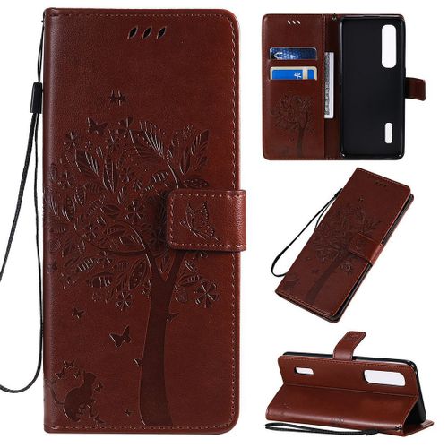Saturcase Coque Pour Oppo Find X2 Pro, Arbre À Chat Pu Cuir Magnétique Flip Portefeuille Support Porte-Carte Protecteur Housse Étui Avec Dragonne Pour Oppo Find X2 Pro (Marron)