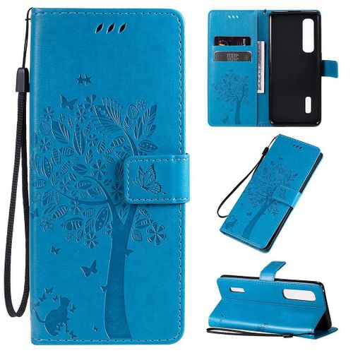 Saturcase Coque Pour Oppo Find X2 Pro, Arbre À Chat Pu Cuir Magnétique Flip Portefeuille Support Porte-Carte Protecteur Housse Étui Avec Dragonne Pour Oppo Find X2 Pro (Bleu)