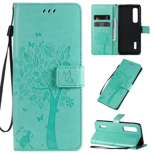 Saturcase Coque Pour Oppo Find X2 Pro, Arbre À Chat Pu Cuir Magnétique Flip Portefeuille Support Porte-Carte Protecteur Housse Étui Avec Dragonne Pour Oppo Find X2 Pro (Vert)