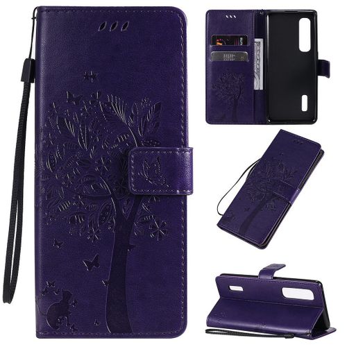 Saturcase Coque Pour Oppo Find X2 Pro, Arbre À Chat Pu Cuir Magnétique Flip Portefeuille Support Porte-Carte Protecteur Housse Étui Avec Dragonne Pour Oppo Find X2 Pro (Violet)
