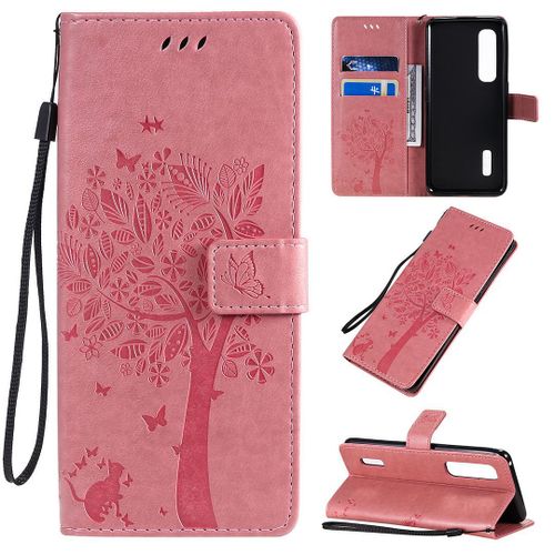Saturcase Coque Pour Oppo Find X2 Pro, Arbre À Chat Pu Cuir Magnétique Flip Portefeuille Support Porte-Carte Protecteur Housse Étui Avec Dragonne Pour Oppo Find X2 Pro (Pink)