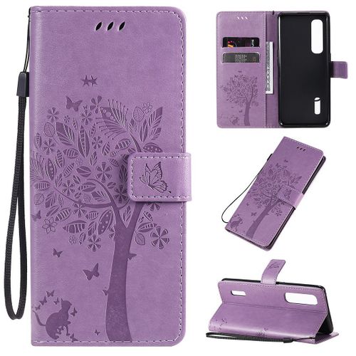 Saturcase Coque Pour Oppo Find X2 Pro, Arbre À Chat Pu Cuir Magnétique Flip Portefeuille Support Porte-Carte Protecteur Housse Étui Avec Dragonne Pour Oppo Find X2 Pro (Lavande)
