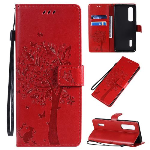 Saturcase Coque Pour Oppo Find X2 Pro, Arbre À Chat Pu Cuir Magnétique Flip Portefeuille Support Porte-Carte Protecteur Housse Étui Avec Dragonne Pour Oppo Find X2 Pro (Rouge)