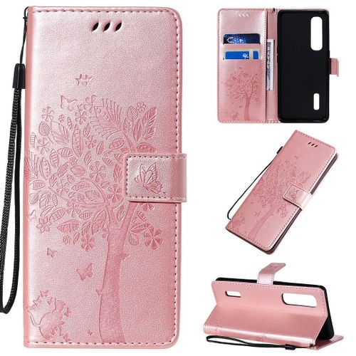 Saturcase Coque Pour Oppo Find X2 Pro, Arbre À Chat Pu Cuir Magnétique Flip Portefeuille Support Porte-Carte Protecteur Housse Étui Avec Dragonne Pour Oppo Find X2 Pro (Or Rose)
