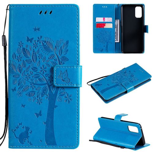Saturcase Coque Pour Realme 7 Pro, Arbre À Chat Pu Cuir Magnétique Flip Portefeuille Support Porte-Carte Protecteur Housse Étui Avec Dragonne Pour Realme 7 Pro (Bleu)