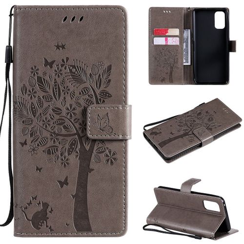 Saturcase Coque Pour Realme 7 Pro, Arbre À Chat Pu Cuir Magnétique Flip Portefeuille Support Porte-Carte Protecteur Housse Étui Avec Dragonne Pour Realme 7 Pro (Gris)