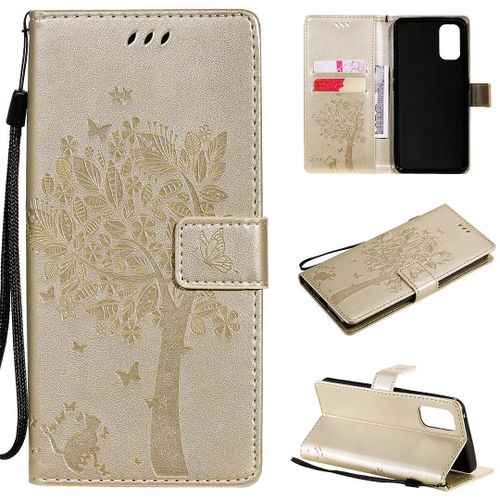 Saturcase Coque Pour Realme 7 Pro, Arbre À Chat Pu Cuir Magnétique Flip Portefeuille Support Porte-Carte Protecteur Housse Étui Avec Dragonne Pour Realme 7 Pro (Or)