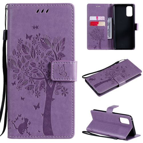Saturcase Coque Pour Realme 7 Pro, Arbre À Chat Pu Cuir Magnétique Flip Portefeuille Support Porte-Carte Protecteur Housse Étui Avec Dragonne Pour Realme 7 Pro (Lavande)