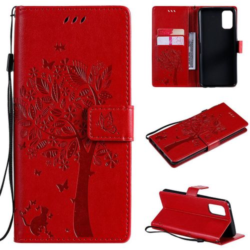 Saturcase Coque Pour Realme 7 Pro, Arbre À Chat Pu Cuir Magnétique Flip Portefeuille Support Porte-Carte Protecteur Housse Étui Avec Dragonne Pour Realme 7 Pro (Rouge)