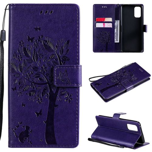 Saturcase Coque Pour Realme 7 Pro, Arbre À Chat Pu Cuir Magnétique Flip Portefeuille Support Porte-Carte Protecteur Housse Étui Avec Dragonne Pour Realme 7 Pro (Violet)