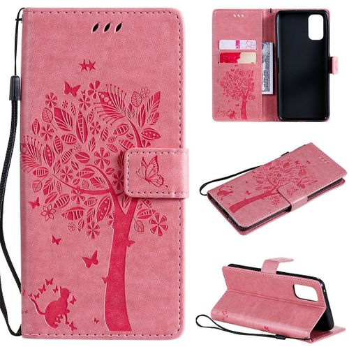 Saturcase Coque Pour Realme 7 Pro, Arbre À Chat Pu Cuir Magnétique Flip Portefeuille Support Porte-Carte Protecteur Housse Étui Avec Dragonne Pour Realme 7 Pro (Pink)