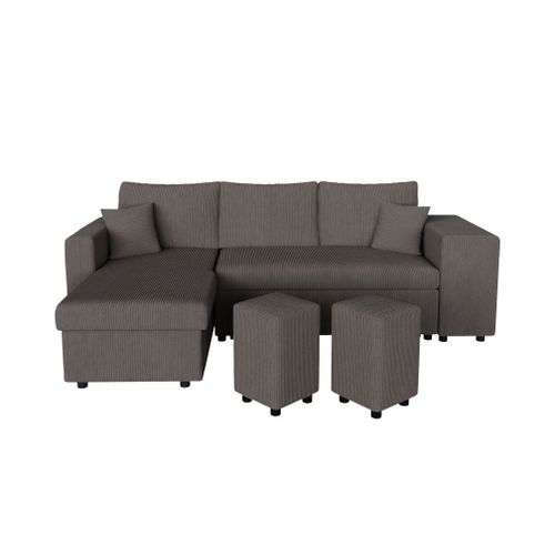 Canapé Convertible Avec 2 Poufs Droit En Velours Côtelé - Gris Foncé