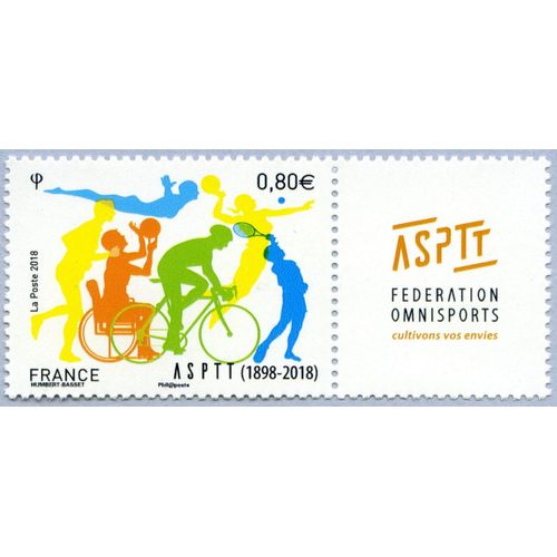France 2018, Très Beau Timbre Neuf** Luxe Yvert 5208, 120ème Anniversaire De L'asptt, Association Sportive Des Postes, Avec Sa Vignette.
