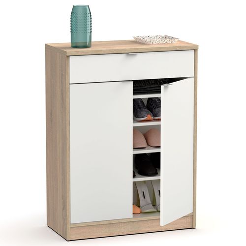 Briebe Meuble À Chaussures Entrée, Meuble Rangement 2 Portes Tiroir 101x75x36cm, , Blanc/Bois, Briebe, Domus