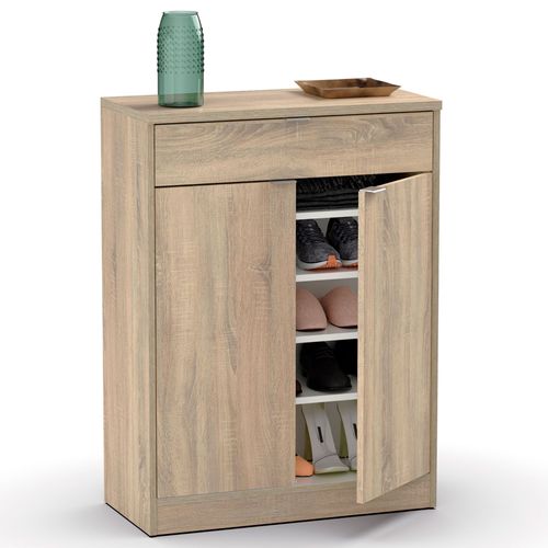 Briebe Meuble À Chaussures Entrée, Meuble Rangement 2 Portes Tiroir 101x75x36cm, , Bois, Briebe, Domus