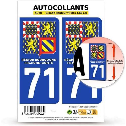 7. Fond Bleu : 11 X 4,6 Cm (Grande Hauteur) - 2 Stickers Département 71 Saône-Et-Loire - Bourgogne-Franche-Comté Ii En Version : Fond Bleu - 11 X 4,6 Cm Grande Hauteur