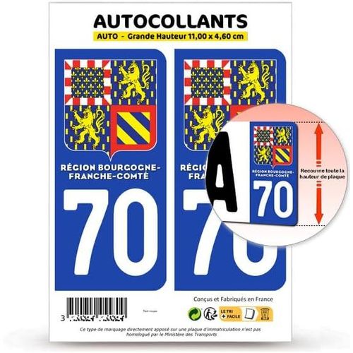 7. Fond Bleu : 11 X 4,6 Cm (Grande Hauteur) - 2 Stickers Département 70 Haute-Saône - Bourgogne-Franche-Comté Ii En Version : Fond Bleu - 11 X 4,6 Cm Grande Hauteur