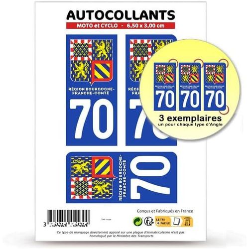 9. Fond Bleu : Moto Et Cyclo - 6,5 X 3 Cm - 3 Stickers Département 70 Haute-Saône - Bourgogne-Franche-Comté Ii En Version : Fond Bleu - Moto Et Cyclo 6,5 X 3 Cm