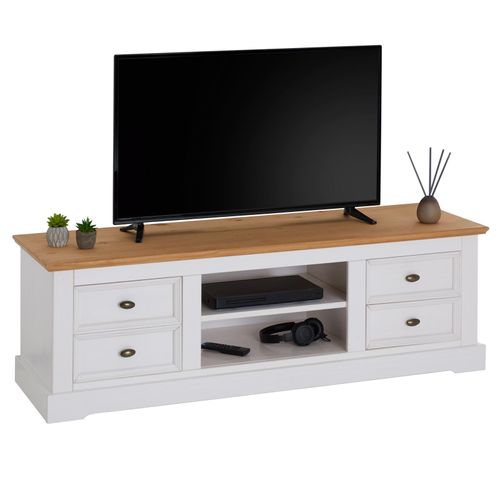 Meuble Tv Kent Banc Télévision En Pin Massif Lasuré Blanc Et Brun 144 X 46 X 45 Cm, Avec 4 Tiroirs Et 2 Niches