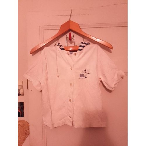 Top Boutonné A Capuche Blanc 4 Ans Tbs Vintage Années 90.
