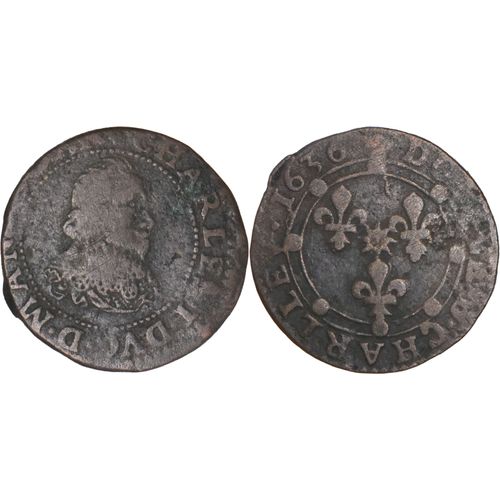 France - Principauté D'arches-Charleville - Charles 1er De Gonzague - Double Tournois Au Soleil - 1636 - R2 - Feos01d10